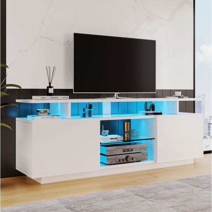 Meuble TV bas brillant. LED 16 couleurs. 140×35×55 cm. pour TV jusqu’à 60 pouces. 1 étagère ouverte. buffet salon.Blanc