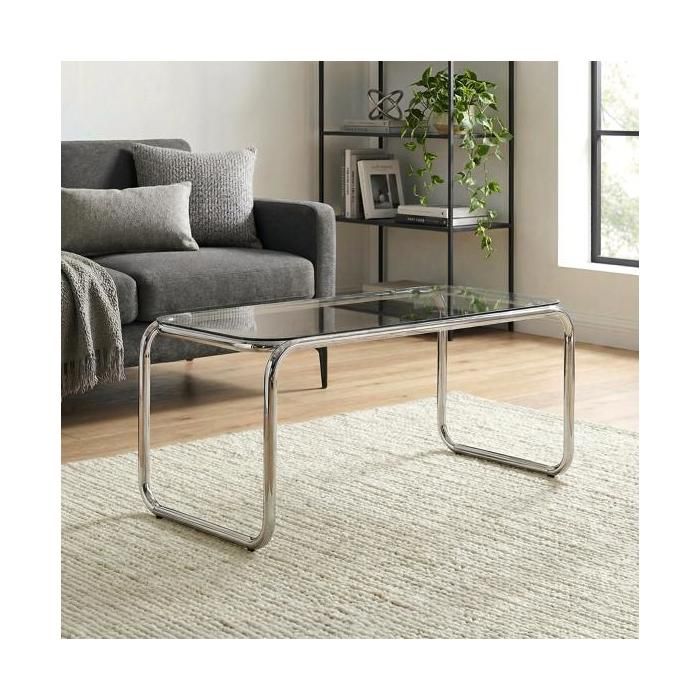 Sicaan table basse rétro 90cm verre trempé noir et structure chromée amaya