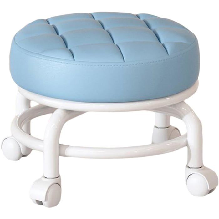 Tabouret à roulettes rotatif - DOK - 360° - Rond - Bleu - Cuir PU - Siège rembourré - Roues universelles - Léger