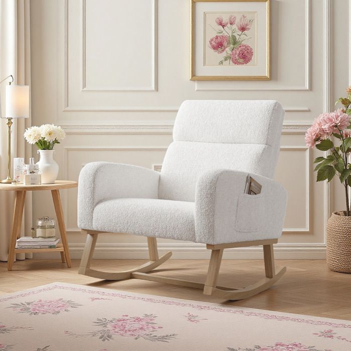 Fauteuil à Bascule Relax - 2 Poches Latérales - Assise Large - Pieds Bois Massif Antidérapants - Velours Teddy - Blanc