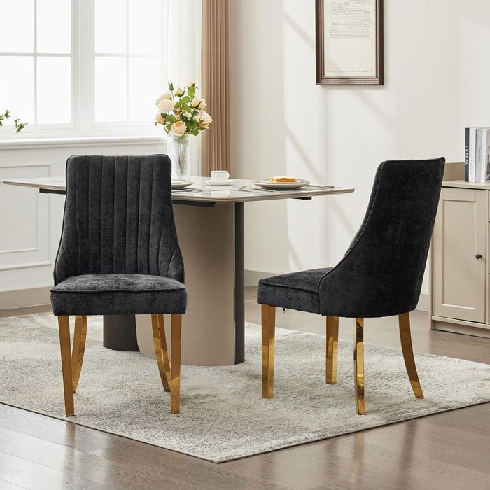 Lot de 2 Chaises de Salle à Manger en Chenille - Chaises de Cuisine - Pieds en métal doré - Rembourrée - Noir