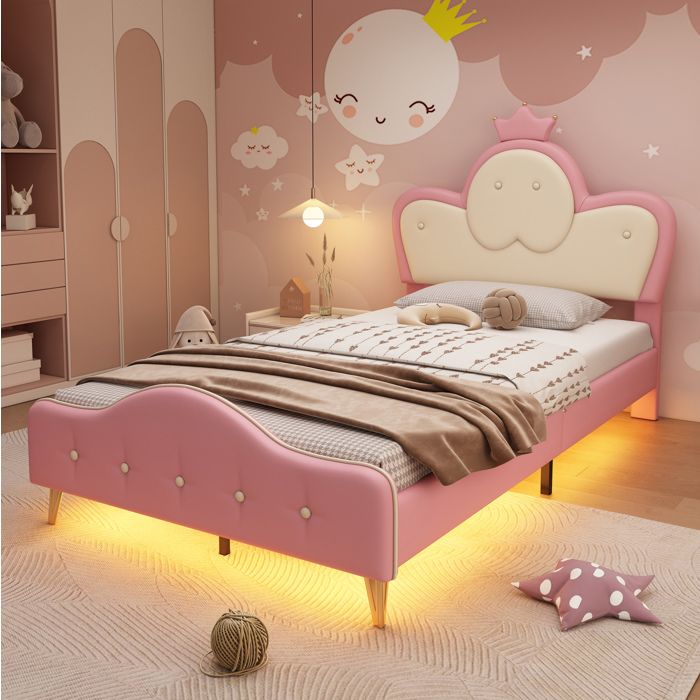 Lit enfant rose/blanc 90×200 cm avec sommier inclus et LED tête de lit couronne structure stable