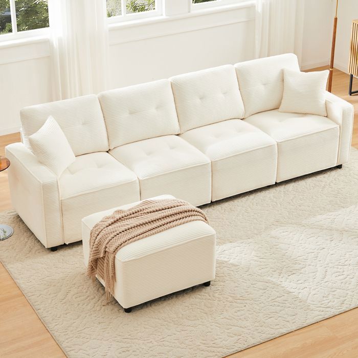 Canapé modulable 4 places en velours côtelé beige avec rangement ottoman