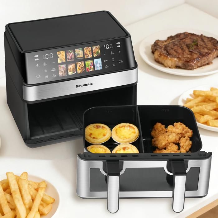 Friteuse à Air sans Huile - L35xH32xP27 cm - 2 Zones de Cuisson avec Fenêtres & 10 Programmes - Écran Tactile 200°C - Noir - Dreammespace