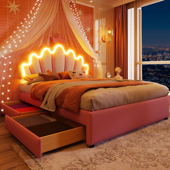 ULEVR Lit enfant rembourré 140 x 200 cm rose avec tête de lit réglable LED télécommandée et 2 tiroirs sans matelas