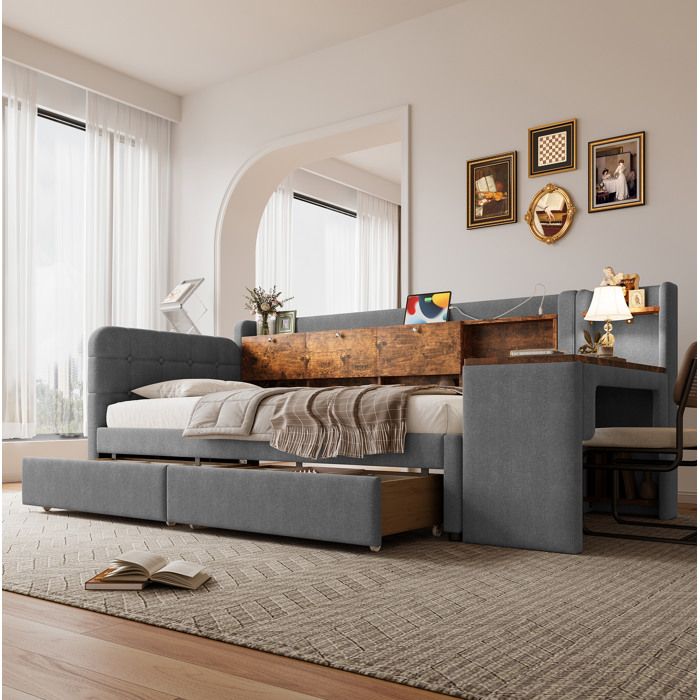Lit combiné 1 place 90×200 cm bureau réversible 2 tiroirs rangements à abattant USB et Type-C - BEAUNIV - sans matelas lin gris