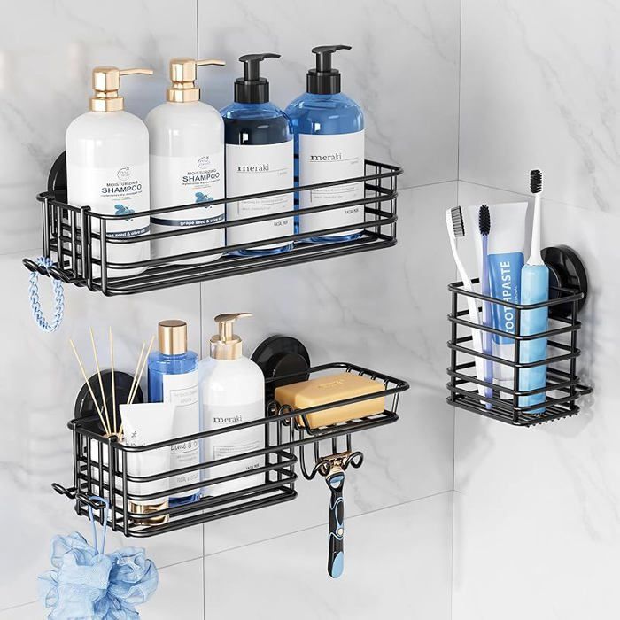 Étagère de douche à ventouse lot de 3 étagères pour l& 39 intérieur avec crochets et porte-savon gobelets à brosse 3 x Noir