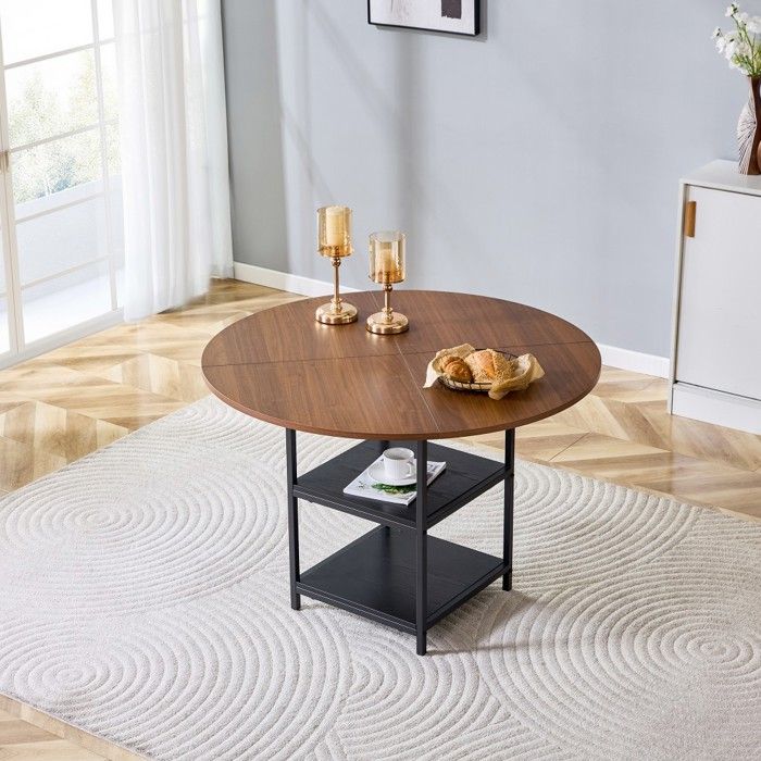 Table ronde salle à manger 107x75cm noyer MDF structure métal double étagère pour 2 à 4 personnes repas familial