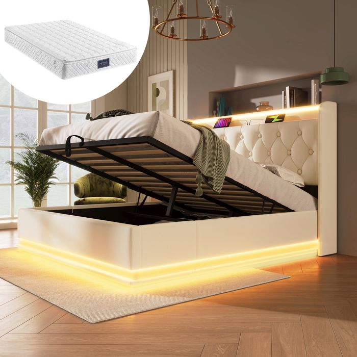 Lit double - KOMHTOM - 140x200 - LED intégrée - Rangement hydraulique - Sommier à lattes bois
