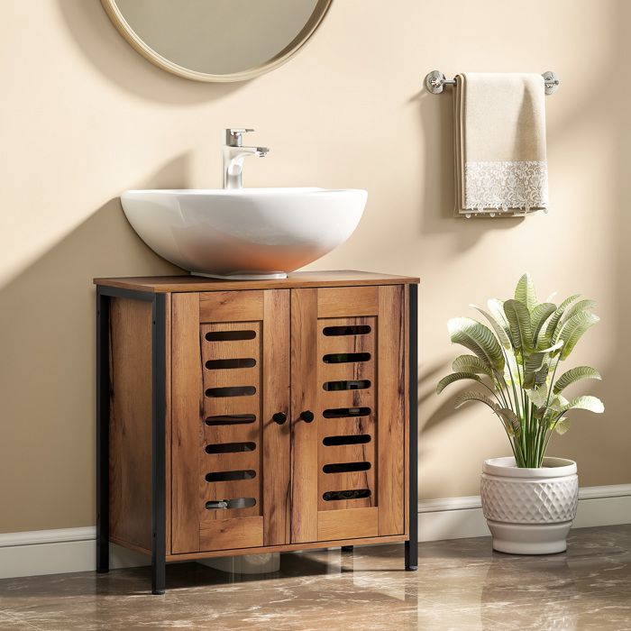 Meuble sous lavabo - 60 x 30 x 60 cm - Marron rustique - 2 portes à lames - Étagère intérieure réglable