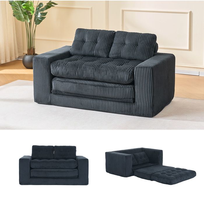Canapé convertible 2 places noir en tissu corduroy lit d’appoint sans montage gain de place