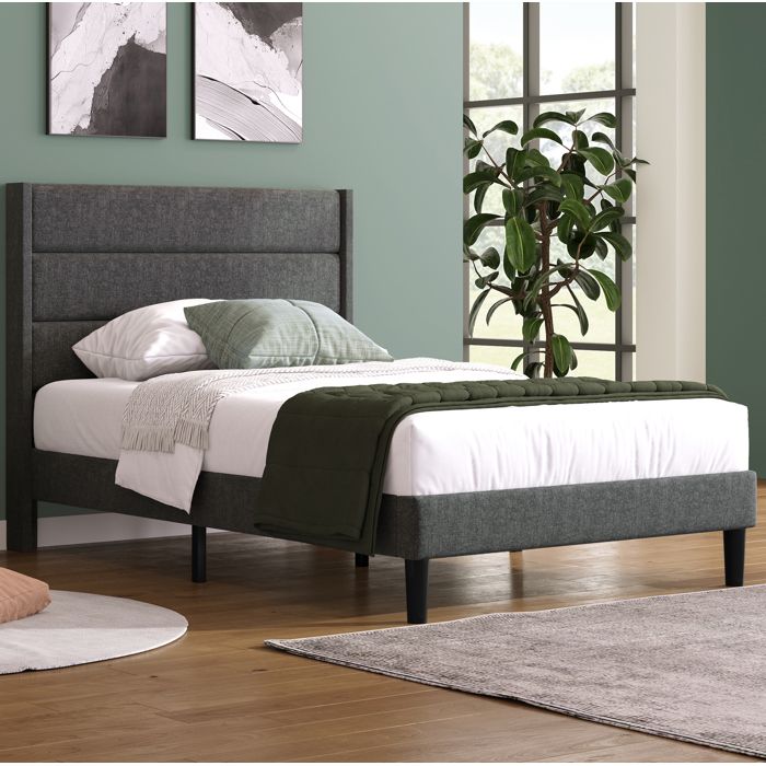 MEUBLIV Lit 1 place 90 x 200 cm rembourré avec tête de lit sommier à lattes et matelas inclus gris foncé