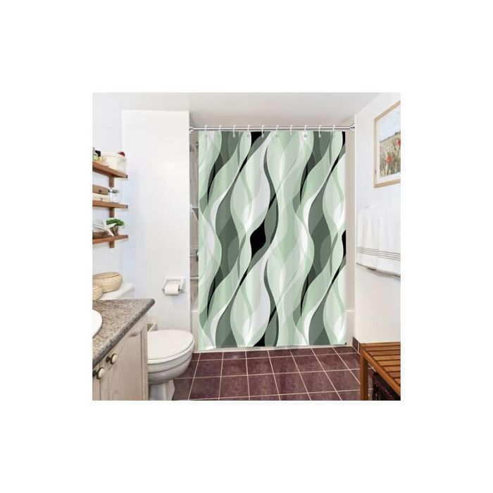 Rideau Douche Anti Moisissure Rideau de Douche Vert Sauge Abstrait Reyures Rayé Rideaux de Baignoire Tissu Imperméable Lavable Po
