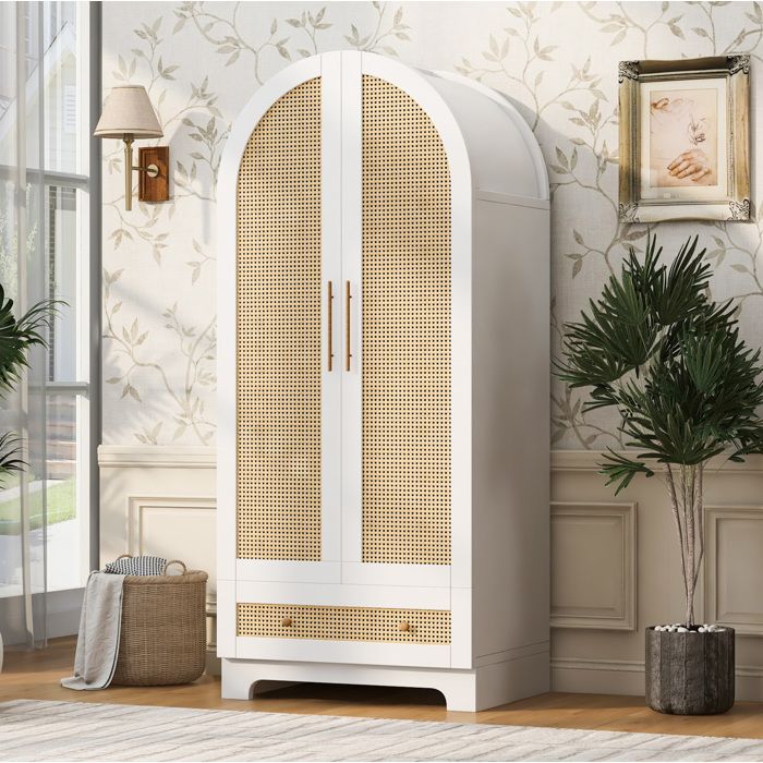 Armoire de chambre 2 portes EVRYAE 70 x 55 x 170 cm avec 2 tiroirs rangement aspect rotin blanc
