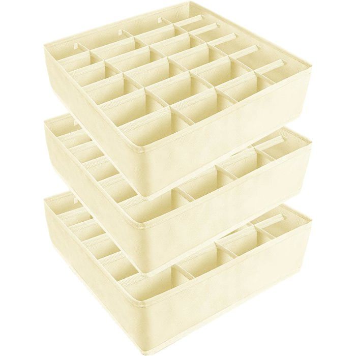Lot de 3 organisateurs de tiroir pliables 72 compartiments boîte rangement sous-vêtements chaussettes cravates - Beige