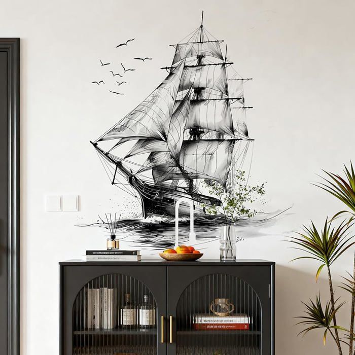 Sticker mural bateau à voile noir et bnc (72 x 72 cm) I Sticker mural vintage voile bateau océan mer Voi OBJET DE DECORATION MURALE