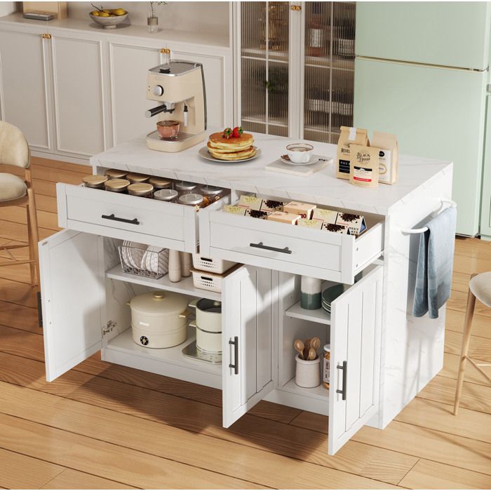 Îlot central de cuisine 120 x 60 x 91 cm blanc avec espace bar prises USB et rangement