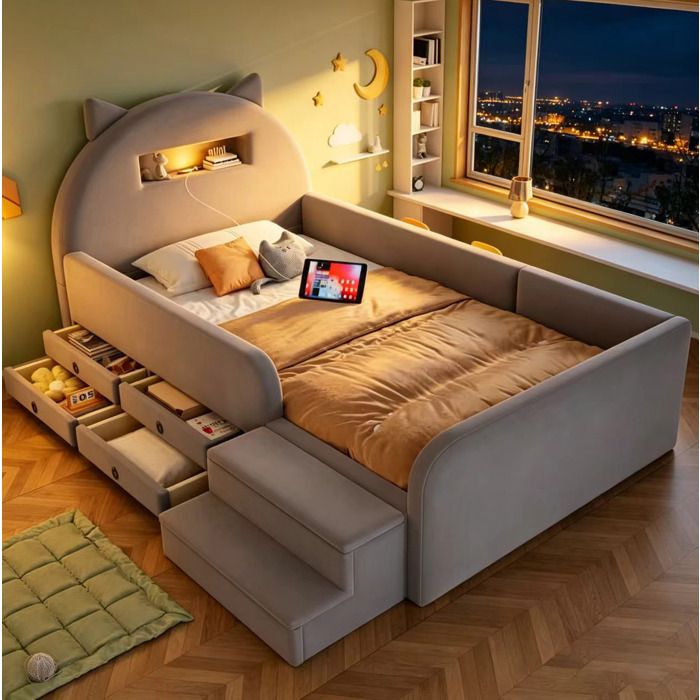 Lit enfant 90×200 cm tête oreilles veilleuse USB 4 tiroirs et banc amovible - BEAUNIV - sans matelas velours gris