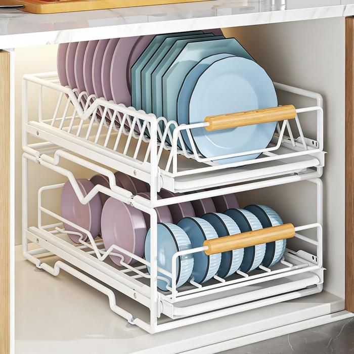 Panier Tiroirs Pour Meuble de Cuisine à 2 Étages-QUIIENCLEE-Acier au Carbone-Panier Amovible et Poignée-Panier Coulissant-Blanc