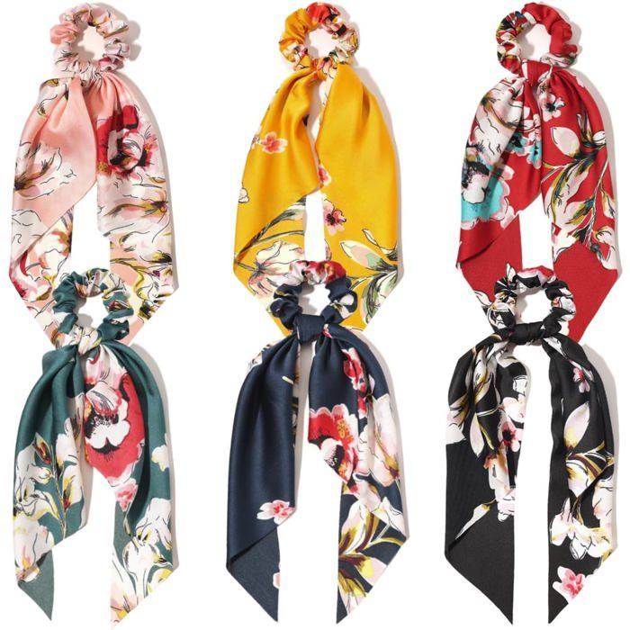 Chouchous floraux avec long ruban détachable ensemble 6 unités nœud papillon satin pour femme usage quotidien et sortie