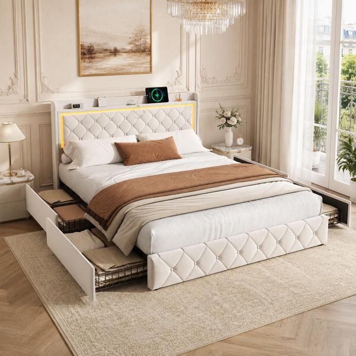 Lit Double 140x190 avec 4 Tiroirs Rangement Lit Capitonné avec LED et ports USB Lit Adulte Sommier à Lattes Velours Beige