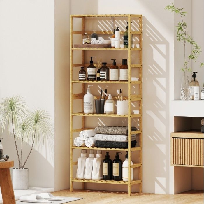 Bibliothèque 6 niveaux étagères réglables - BEAUNIV - rangement sur pied en bambou bois naturel 60 × 26 × 161 cm