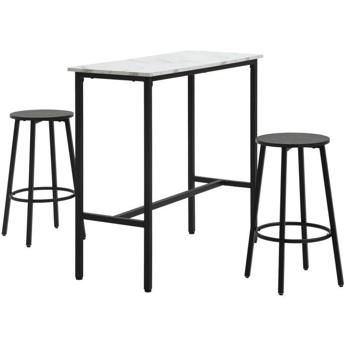 Ensemble table de bar 3 pièces – table haute avec 2 tabourets – effet marbre blanc