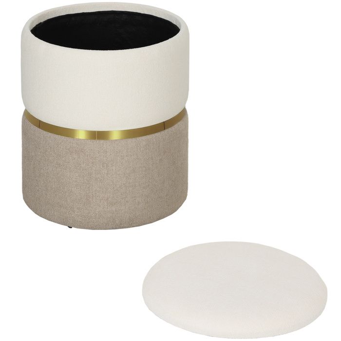 Pouf de rangement - Tabouret coffre à couvercle - Anneau métallique - Design bicolore - 36 x 36 x 44 cm - Blanc crème - ZENLINKJH