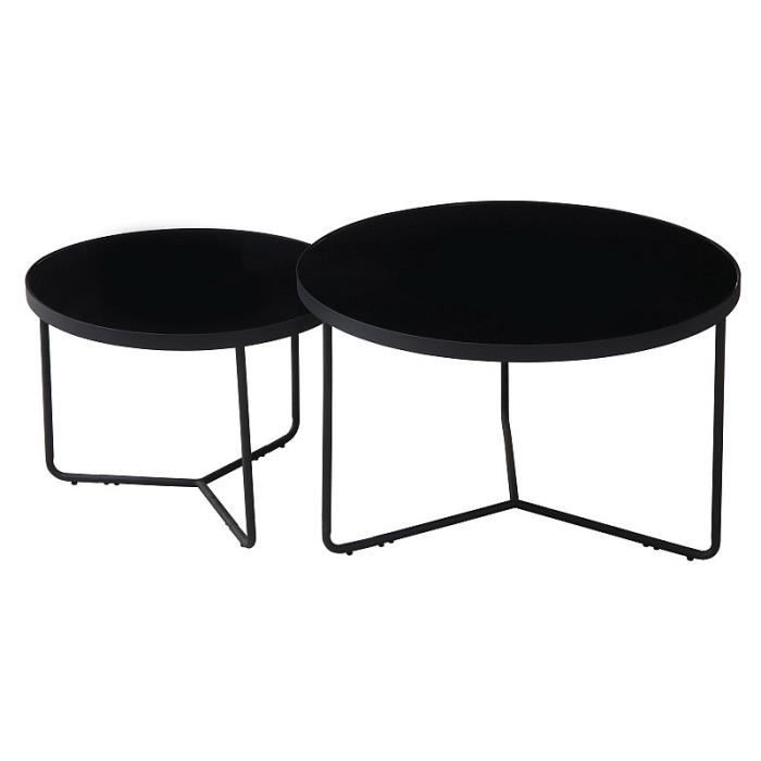 tables d'appoint - lot de 2 tables gigognes rondes en verre et métal - ac-déco - noir - d 80 / 60 x h 50 / 45 cm