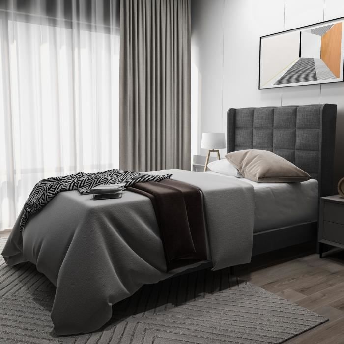 lit adulte à simple place-design moderne avec sa tête de lit capitonnée-90x200cm-gris (sans matelas)