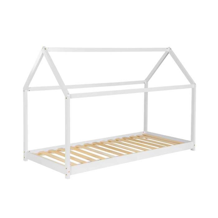 Lit cabane Montessori. bois massif en pin naturel blanc - Tobias - sommier inclus. 90 x 190 cm Lit cabane Montessori. bois massif en pin naturel blanc - Tobias - sommier inclus. 90 x 190 cm