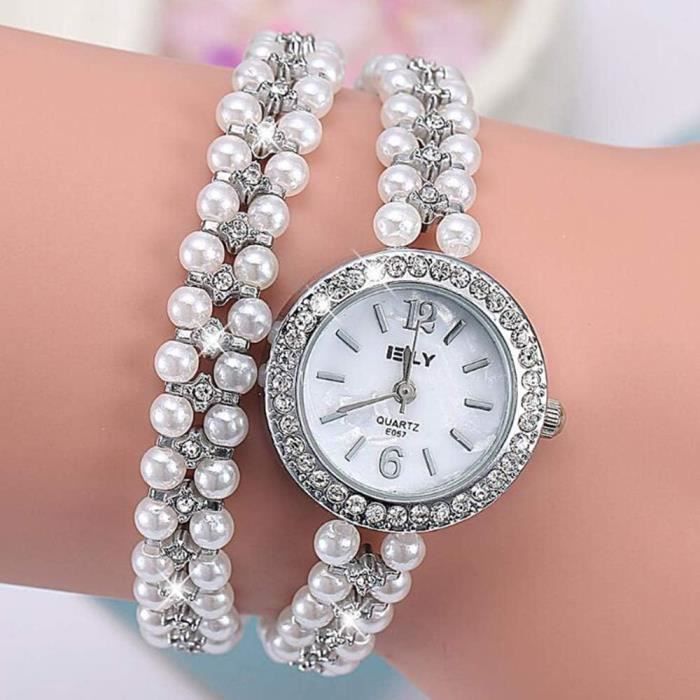 Femme Perle Montre Bracelet Ronde Quartz Vintage Cha ne Montre