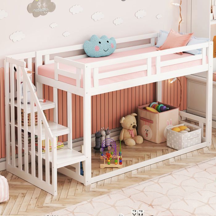 Lit superposé 90x200cm avec 2 tiroirs et escalier, Transformable en 2 Lit superposé 90x200cm avec 2 tiroirs et escalier, Transformable en 2