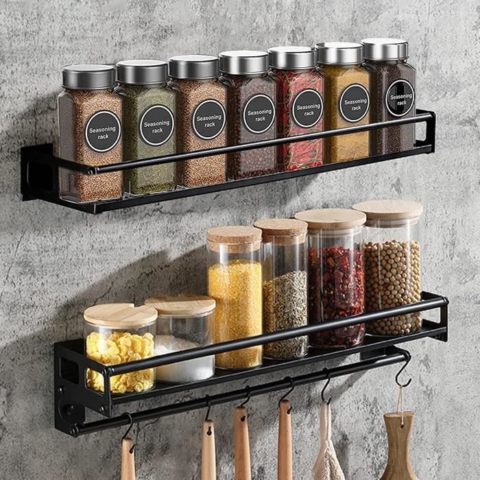 Etagere Murale Cuisine Lot de 2 Etagere a Epices Murale avec 6 Crochets  Amovibles sans Perçage,Etagère de Cuisine,pour le Ran[L266] - Cdiscount  Maison