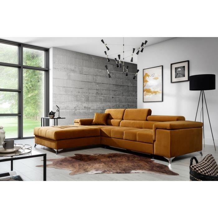 - Canapé dangle convertible en tissu luxe 5 places RICHARD couleur moutarde angle gauche