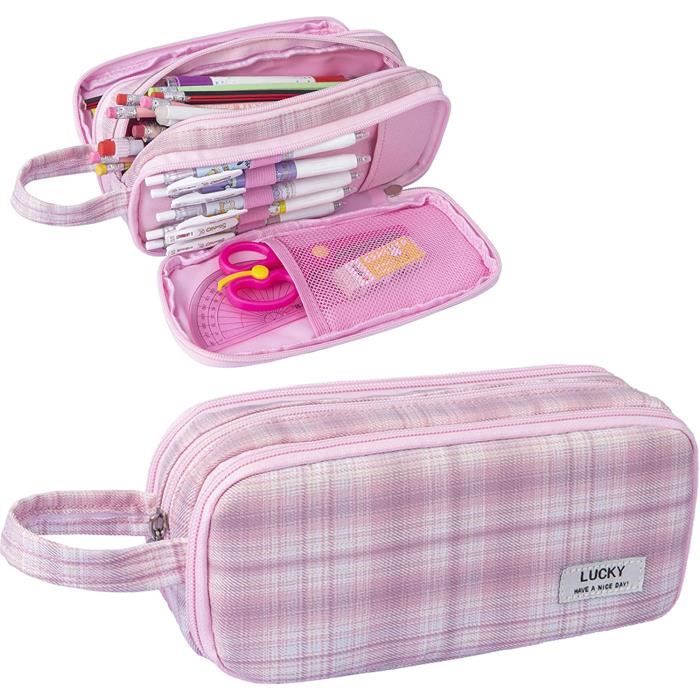 Trousse Scolaire Fille 2 Compartiments – Grande Capacité Matelassée – Fermeture Éclair Double + Poignée – Design Carreaux Élégant – Idéale École Et Collège