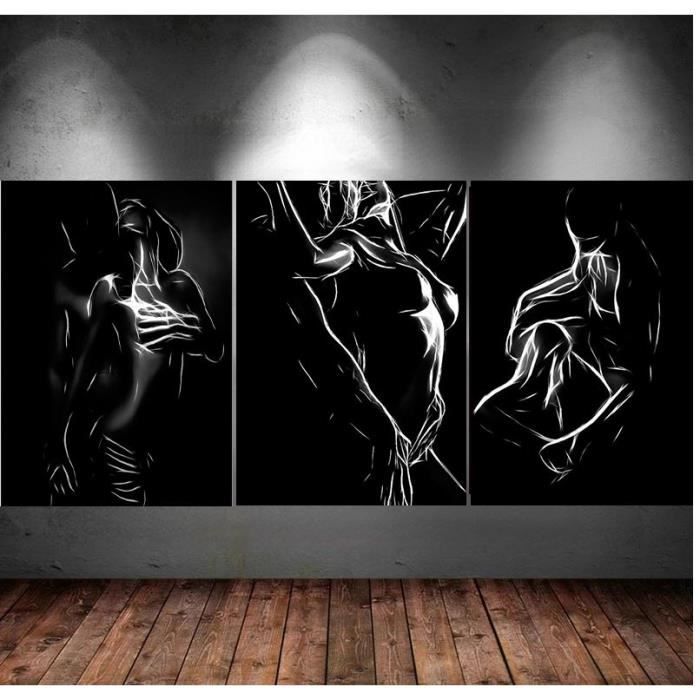 Tableau Couple Noir Et Blanc - Art Mural Sensualité - Impression Sur Toile 21x30cm - Lot De 3 Sans Cadre