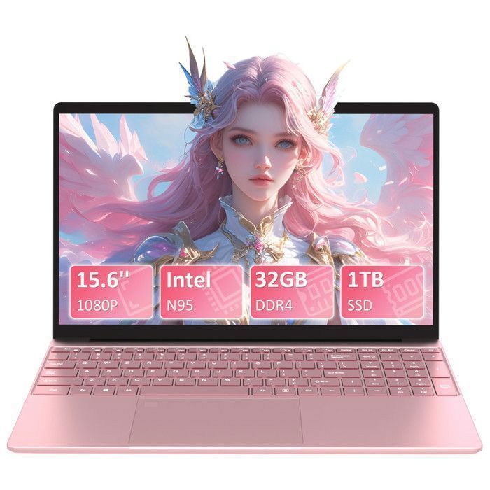 PC portable Auusda – 156 – Intel Alder Lake N 95 – RAM 32Go – Stockage 1To SSD FHD – Touch ID – Windows 11 – Rose4 cœurs
