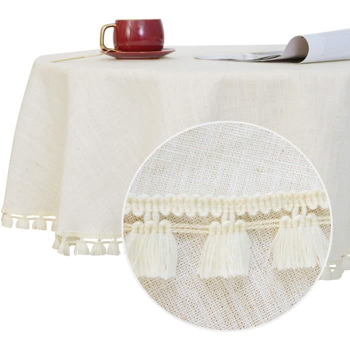 Deconovo Nappe Ronde Blanche 140cm Lin Tisse Avec Decor Pampilles