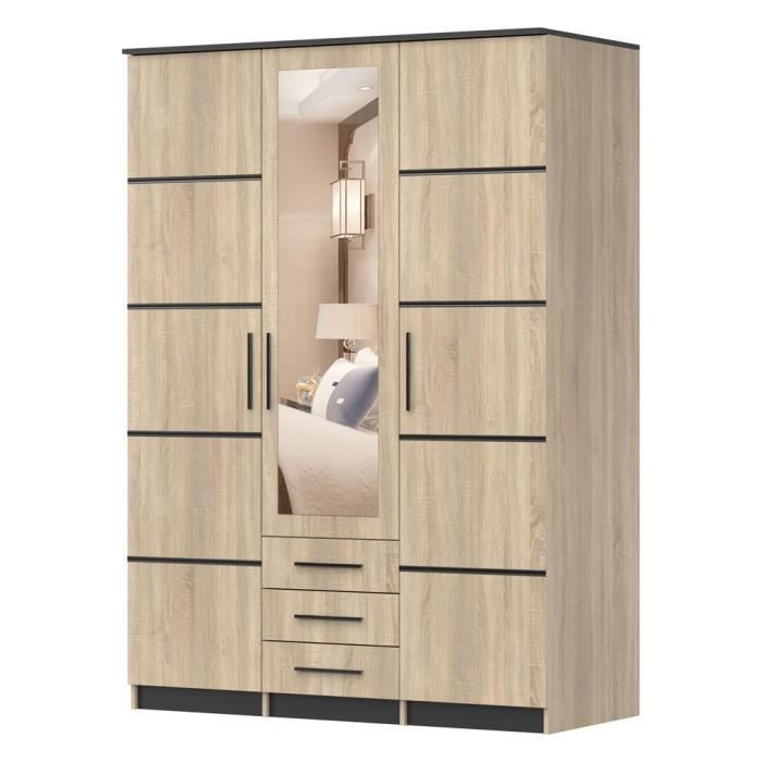Armoire de chambre Classique avec 3 portes pivotantes, armoire avec miroir, tringle de tiroir - Sanbella 3D I (Sonoma + Noir)