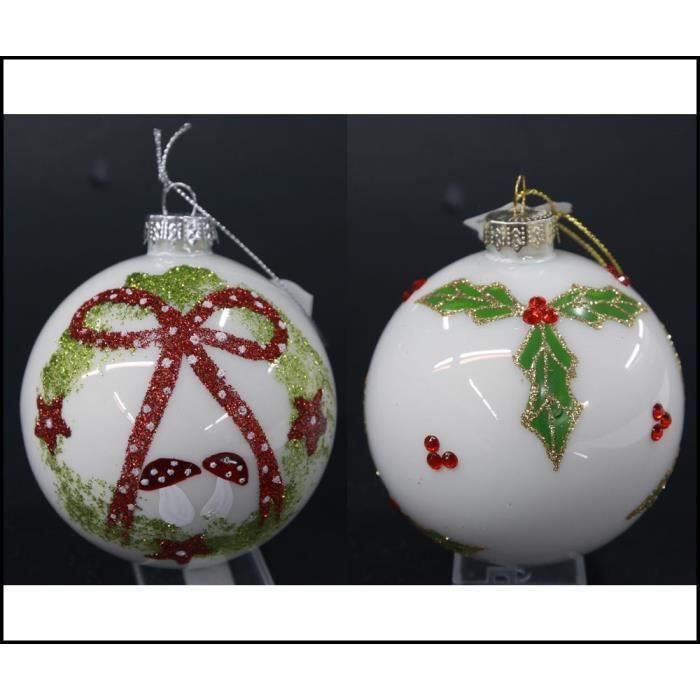 Lot De 3 Boules De Noël En Verre Soufflé à La Main - Pois Blancs Peints - 8 Cm - Avec Ruban Inclus - Décoration élégante - 7