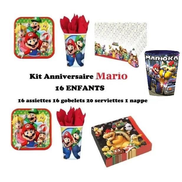 Kit (cde7) Anniversaire Mario Complet 16 Enfants (16 Assiettes, 16