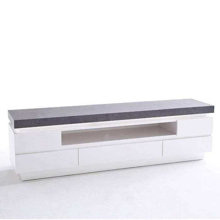 meuble tv design - inside 75 - atlanta - blanc mat et imitation béton - 5 tiroirs - led inclus