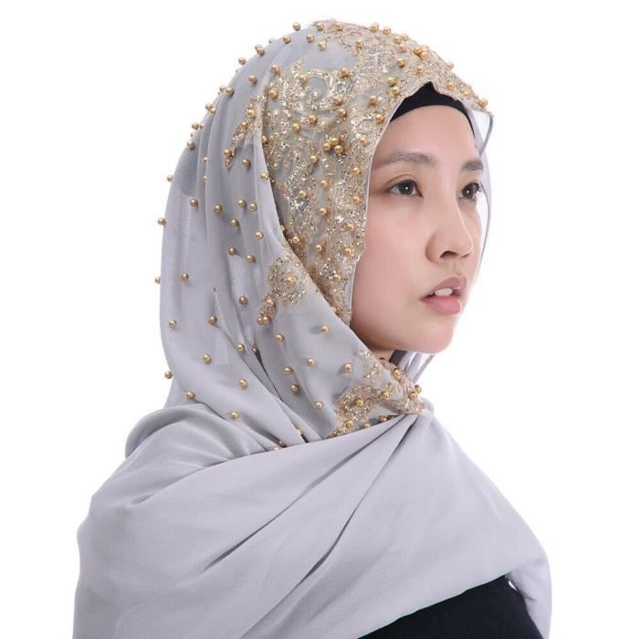 Hijab Mousseline, Paillettes et Perles (Argent)