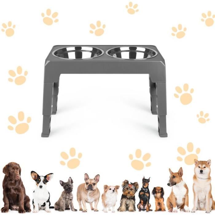 Comparer les prix de Gamelle Chien Surelevee avec gamelle Chien INOX avec Pieds antidérapants Réglables en Hauteur - MENGDA - Gris
