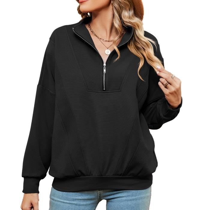 Pull Femme Col A Fermeture Eclair Automne Hiver Casual Pullover Manches Longues Couleur Unie Confortable Taille EU