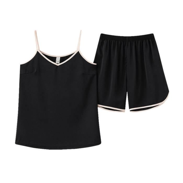 Pyjama Femme pièces Simili soie débardeur à bretelle Short taille  élastiquée Couleur unie Noir