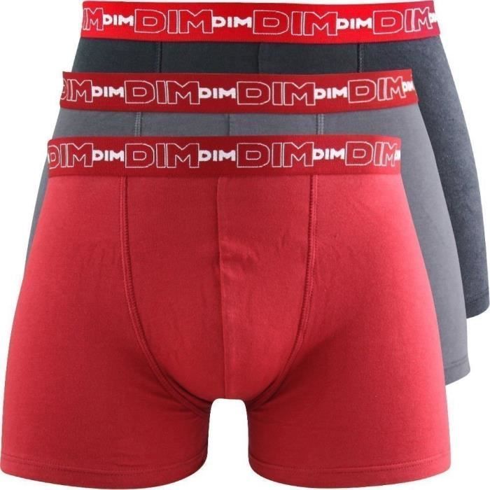 DIM 3 Slips Homme Coton STRETCH Gris plomb Rouge chili Noir