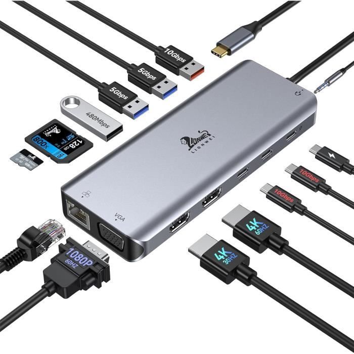 Station D'accueil 8 En 1 Selore – 2x HDMI, DisplayPort, Ethernet 1 Gbit/s, PD 100W, USB 3.0 – Triple écran 4K Pour Windows Et Mac