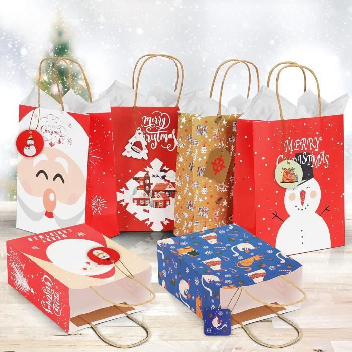 Belle Vous Lot de 24 Sacs Cadeaux Noel en Kraft 17 5 x 23 cm Sac de Noel avec Papier de Soie et tiquettes Id al pour S426